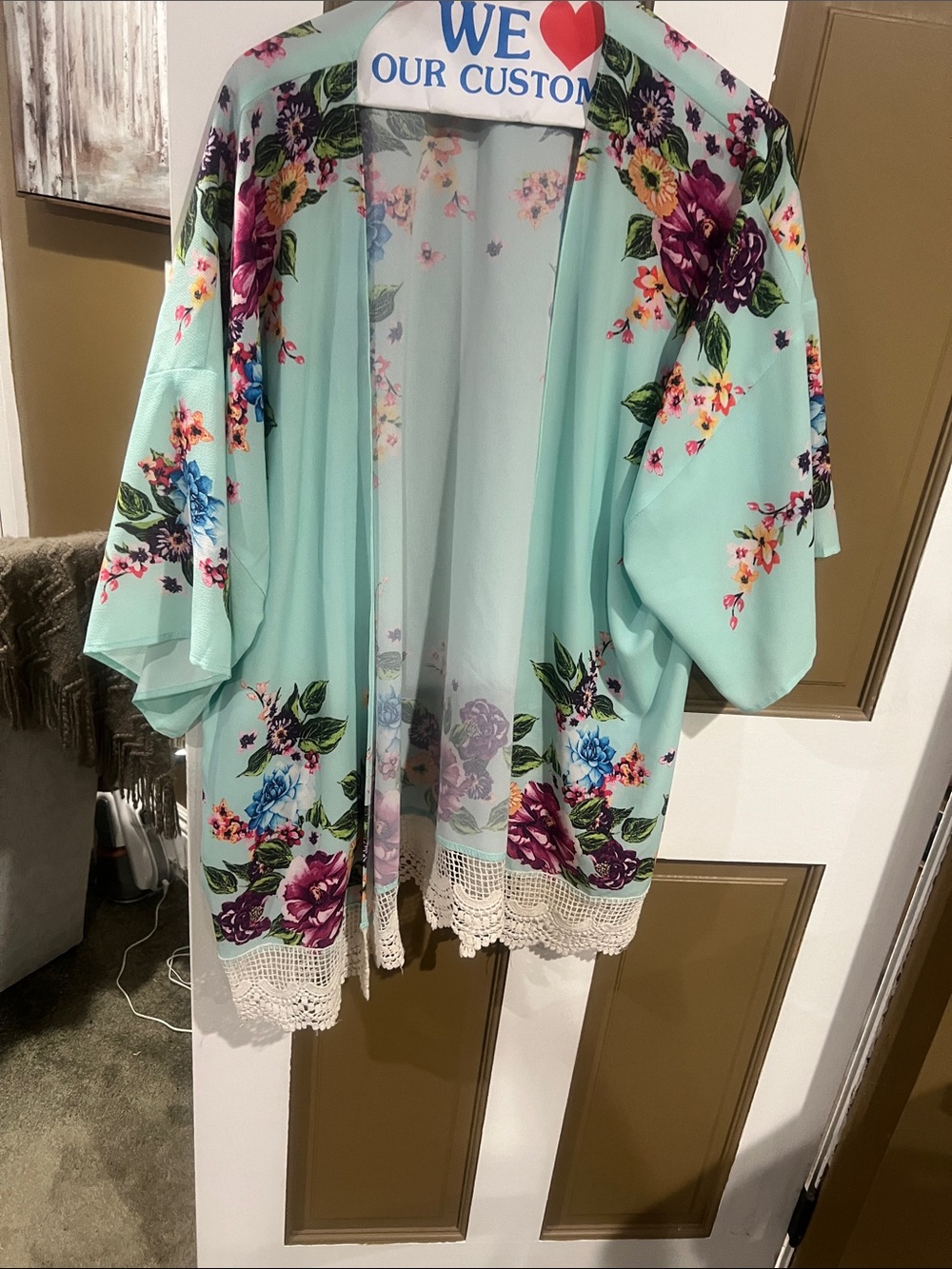 Mint Floral Kimono with Crochet Trim